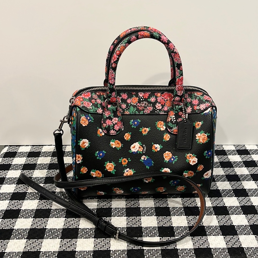 Coach Mini Bennett Black Satchel In Floral Mix Pattern Crossbody Silver Hardware - Picture 1 of 13